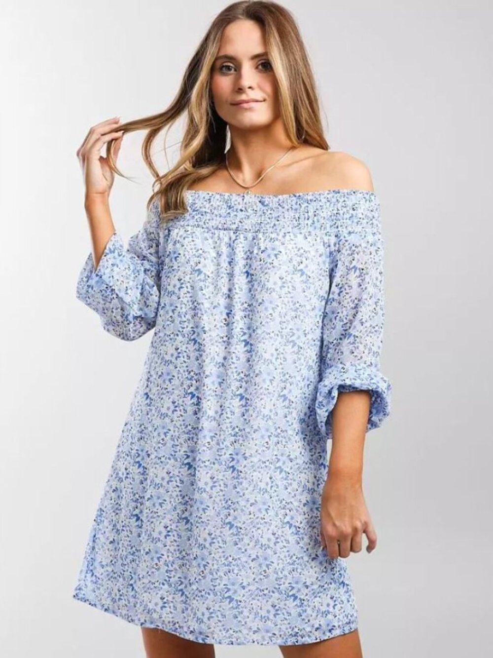 Daytrip Buckle Off the Shoulder Floral Dress Small S Blue Smocked Mini Boho BB13